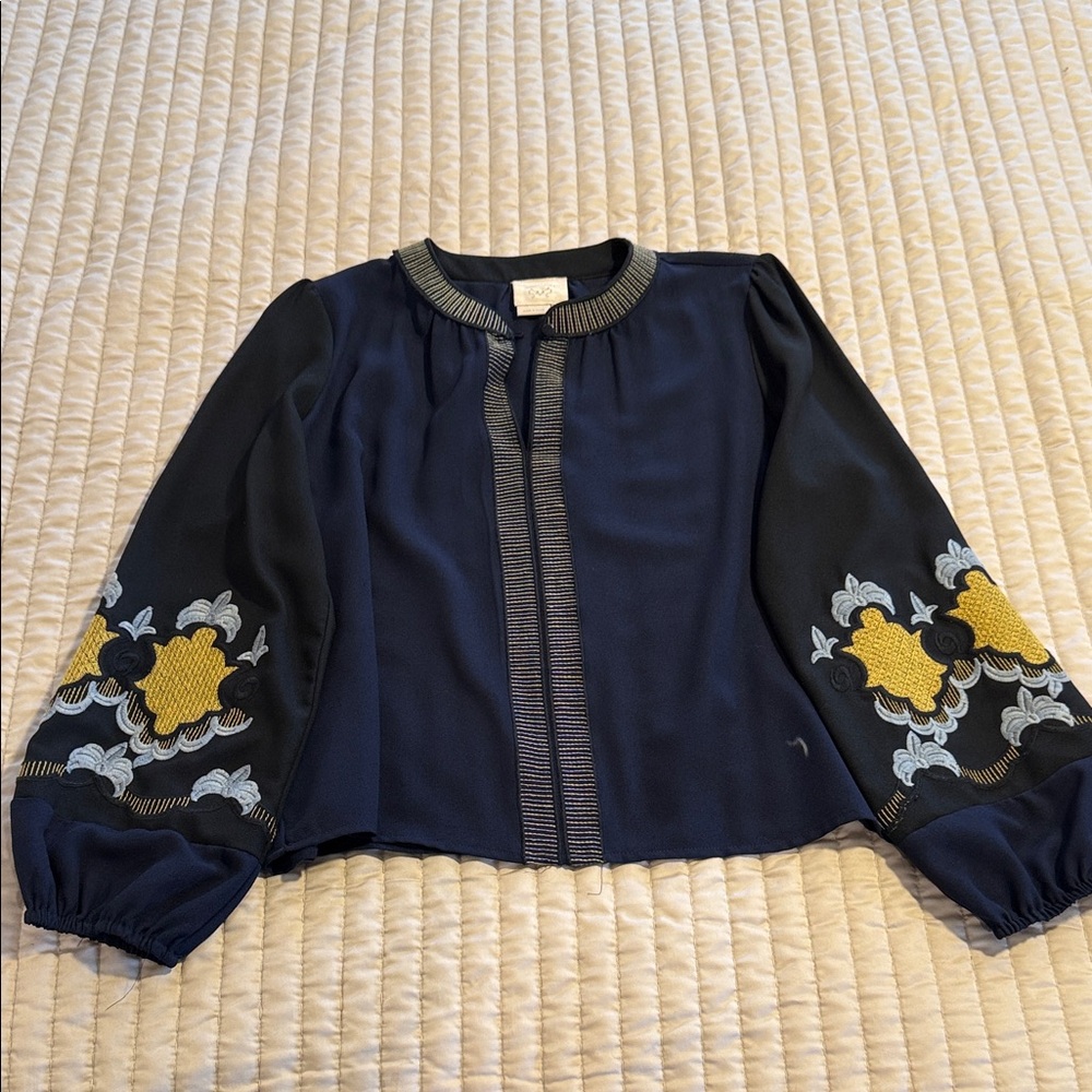 Navy and Black Embroidered Sleeve Blouse